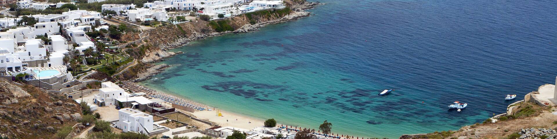 Platis gialos and the famous Psarou beach at Mykonos island in Greece