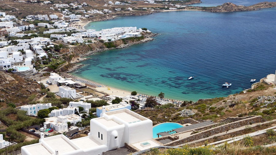 Platis gialos and the famous Psarou beach at Mykonos island in Greece