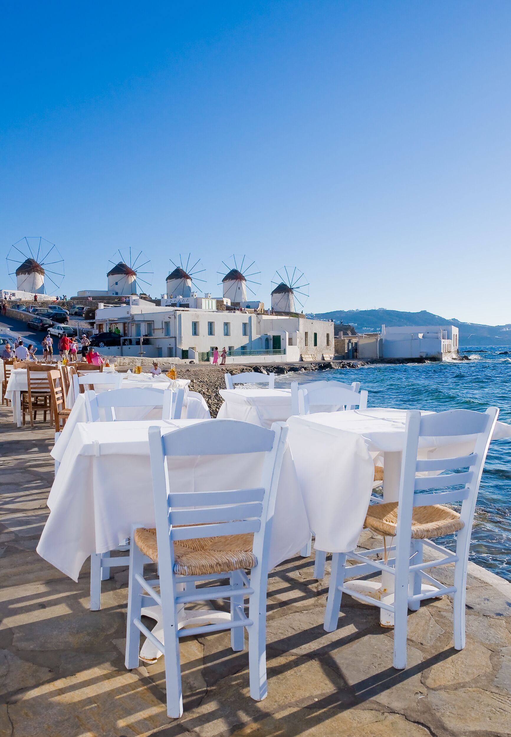 View of the famous windmills of Mykonos from the restaurant at the Little Venice...