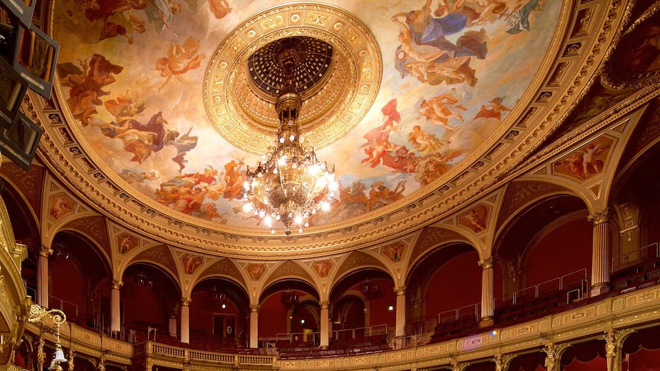 Hungarian State Opera House showing interior views, theater scenes and art