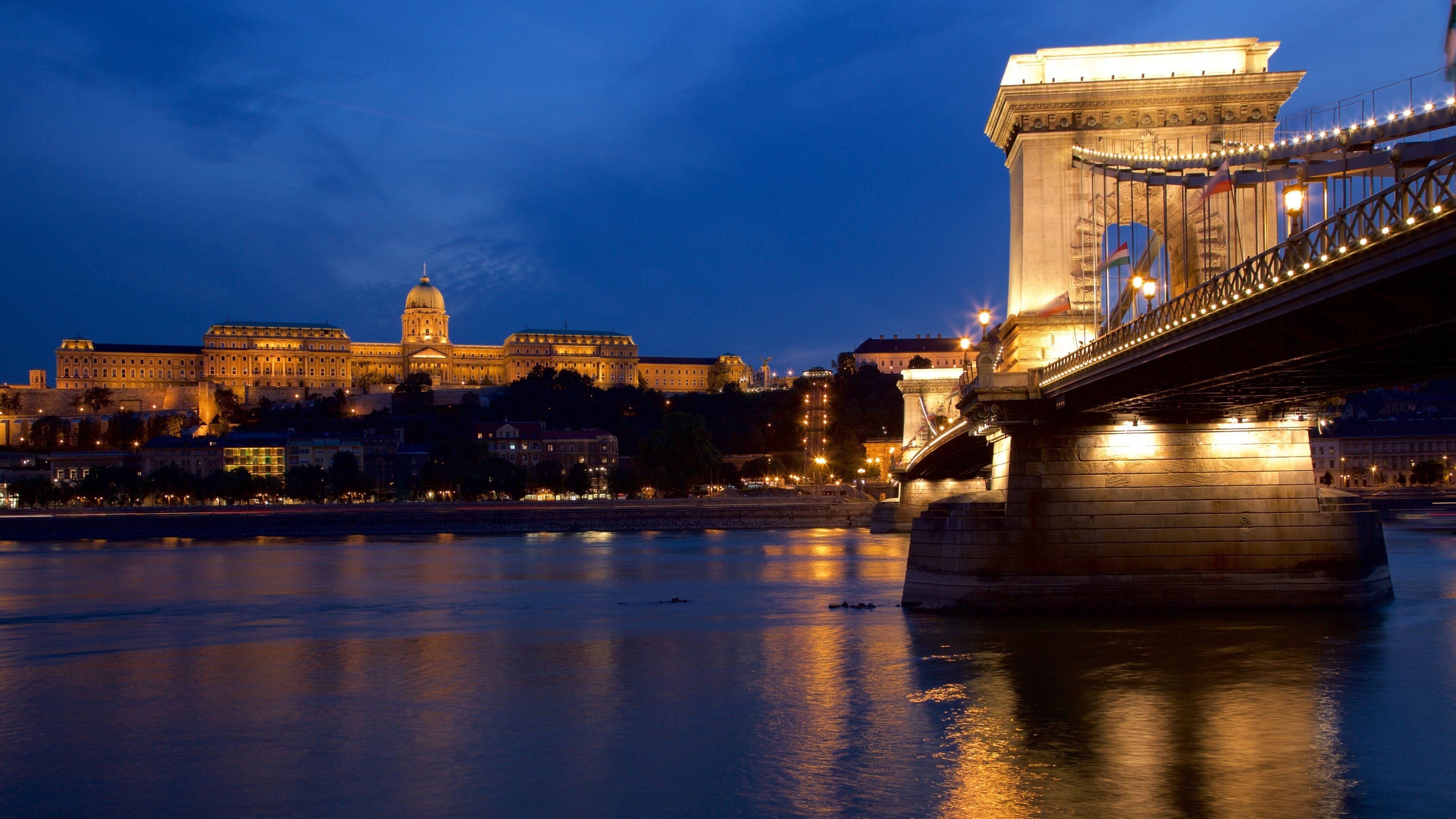Buda Castle showing a river or creek, a bridge and night scenes