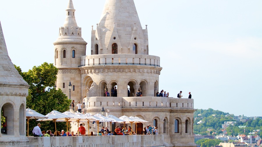 Buda Castle showing a castle as well as a large group of people