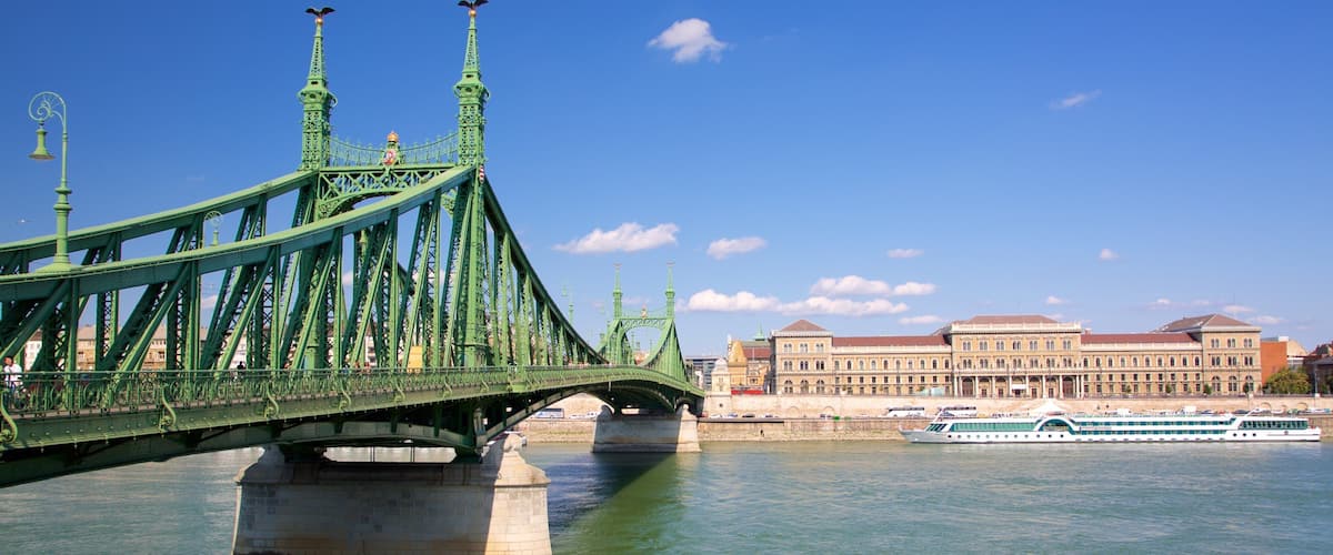 Puente de la Libertad que incluye un puente, un ferry y un río o arroyo