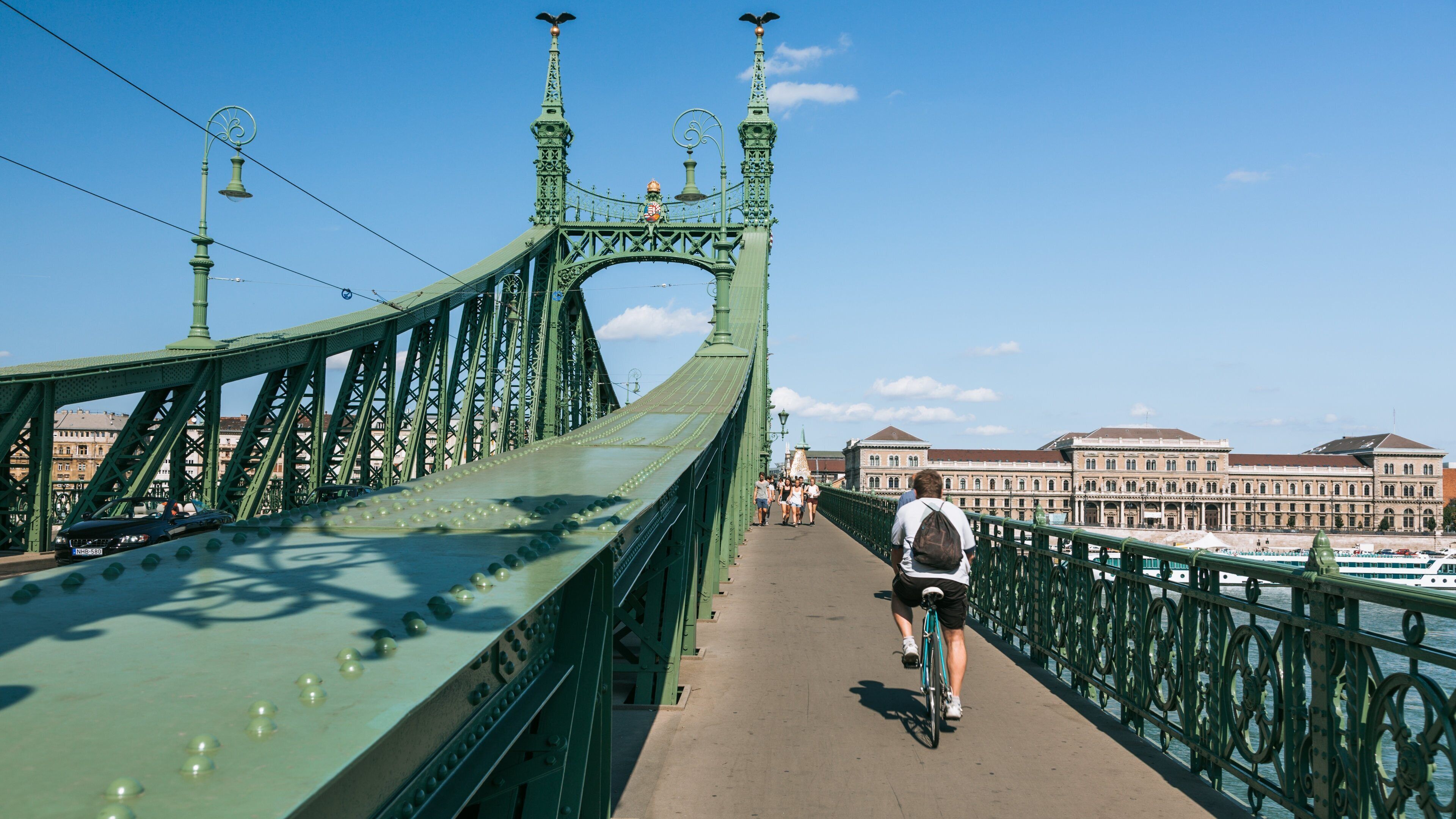 Liberty Bridge showing a bridge and cycling as well as an individual male