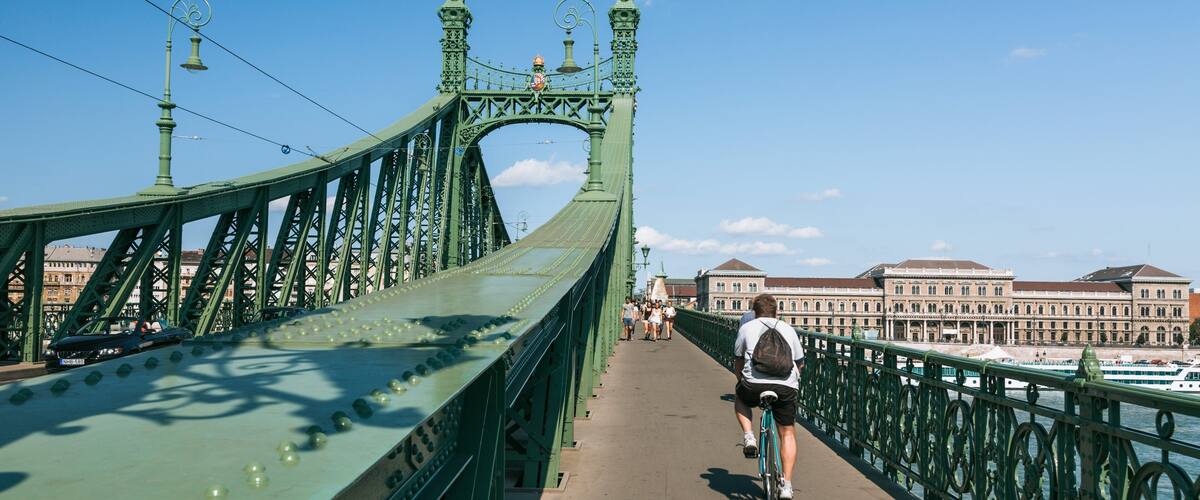 Liberty Bridge showing a bridge and cycling as well as an individual male