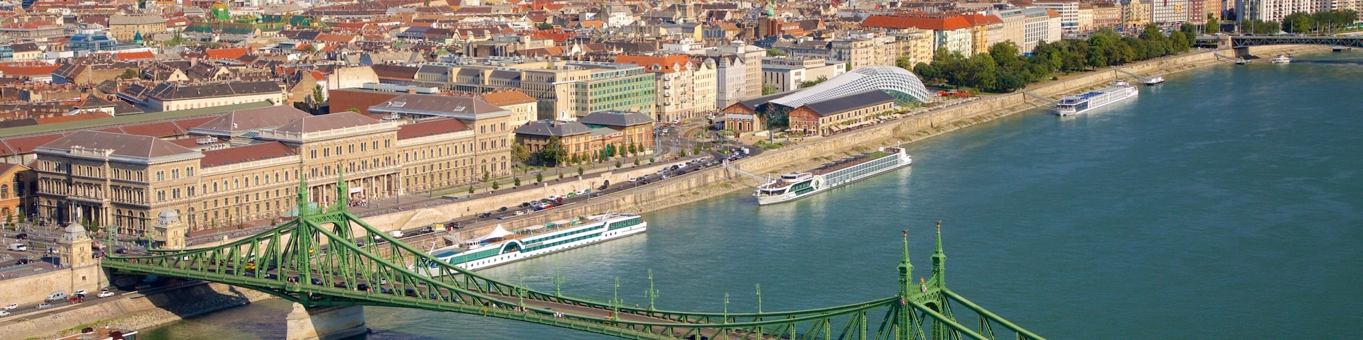 Liberty Bridge showing a ferry, a bridge and a city