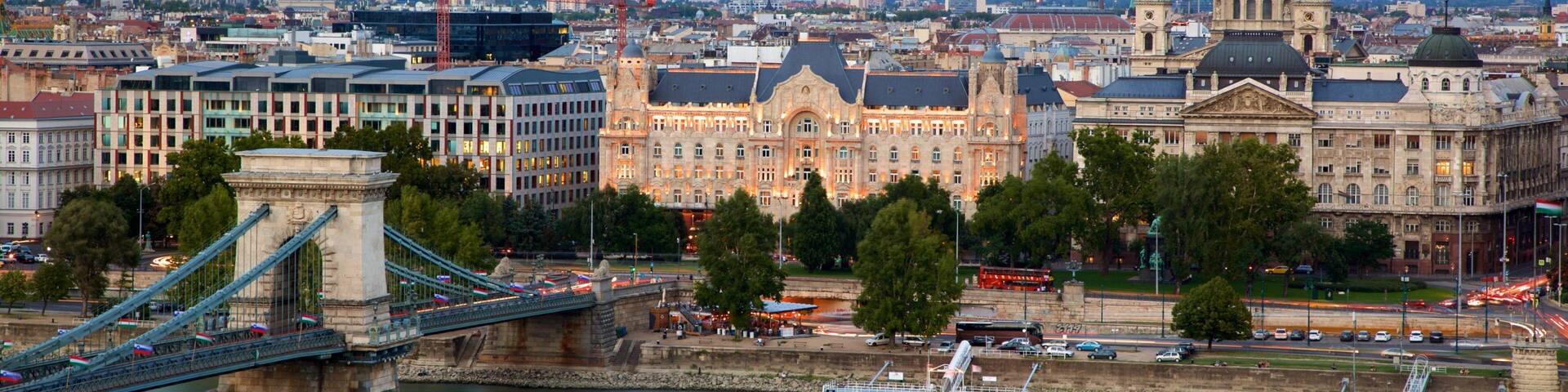 St. Stephen\'s Basilica showing a river or creek, a bridge and a city