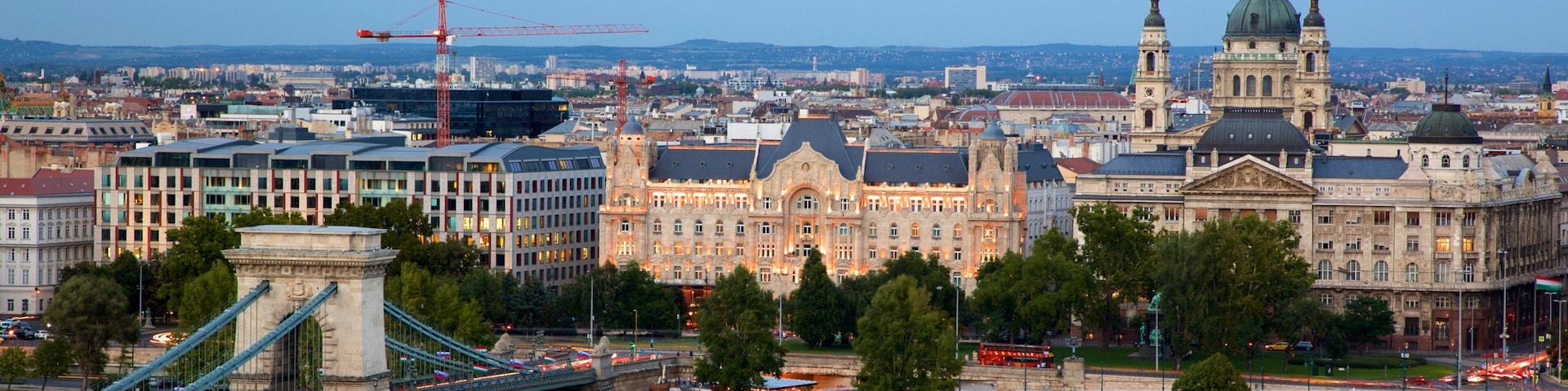 St. Stephen\'s Basilica showing a river or creek, a bridge and a city