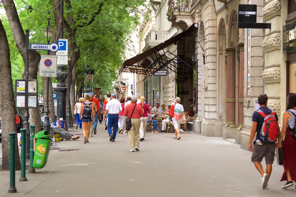 A busy urban street with pedestrians, shops, and historical architecture.