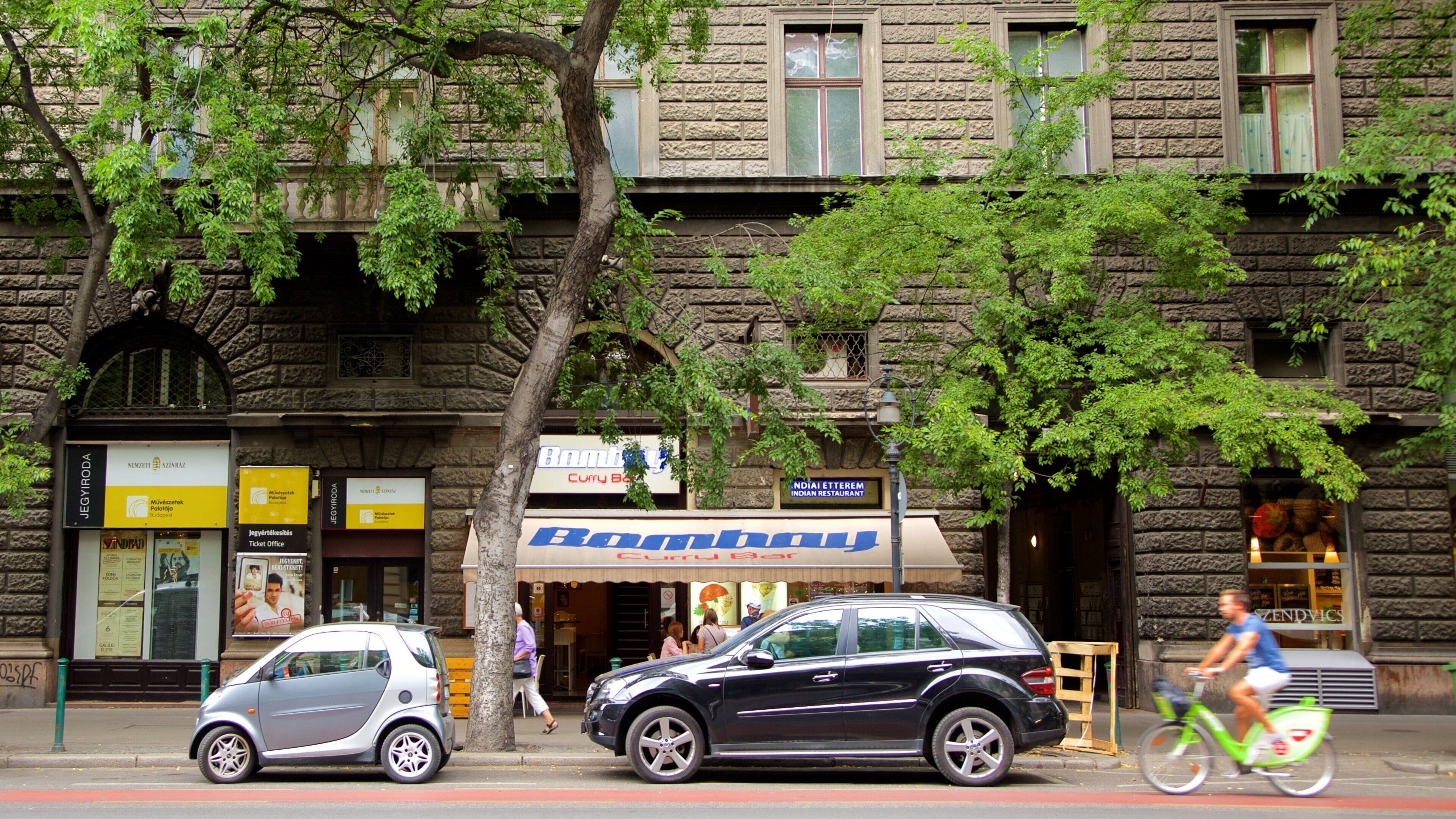 Andrassy Avenue which includes signage, street scenes and cycling
