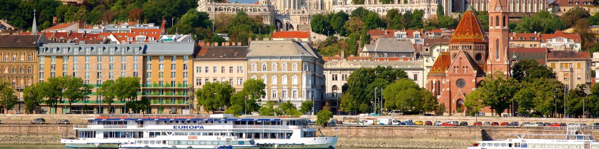 Fisherman\'s Bastion featuring a ferry, a river or creek and heritage architecture