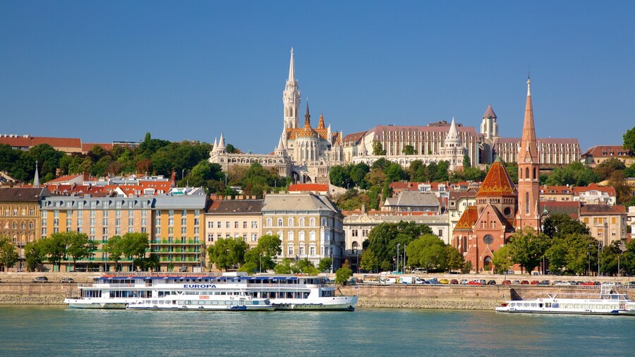 Fisherman\'s Bastion featuring a ferry, a river or creek and heritage architecture
