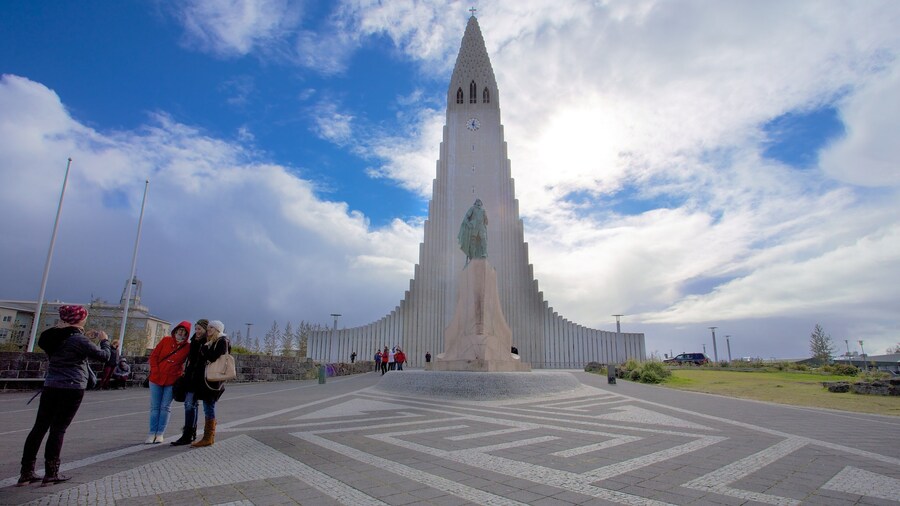 Hallgrimskirkja which includes modern architecture, a church or cathedral and religious aspects