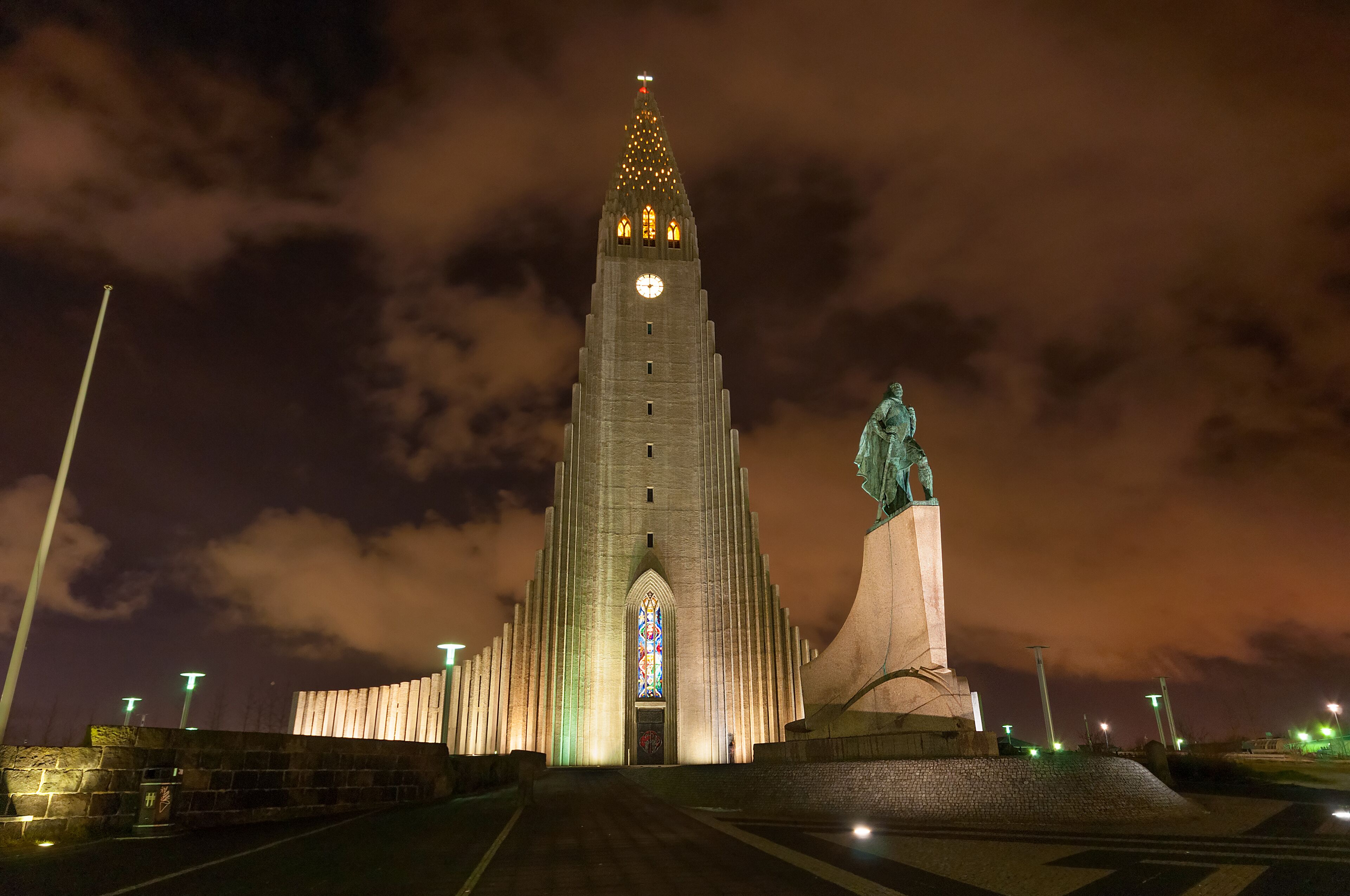 Hallgrimskirkja church Reykjavik Iceland taken at night with Lief Erickson statue
