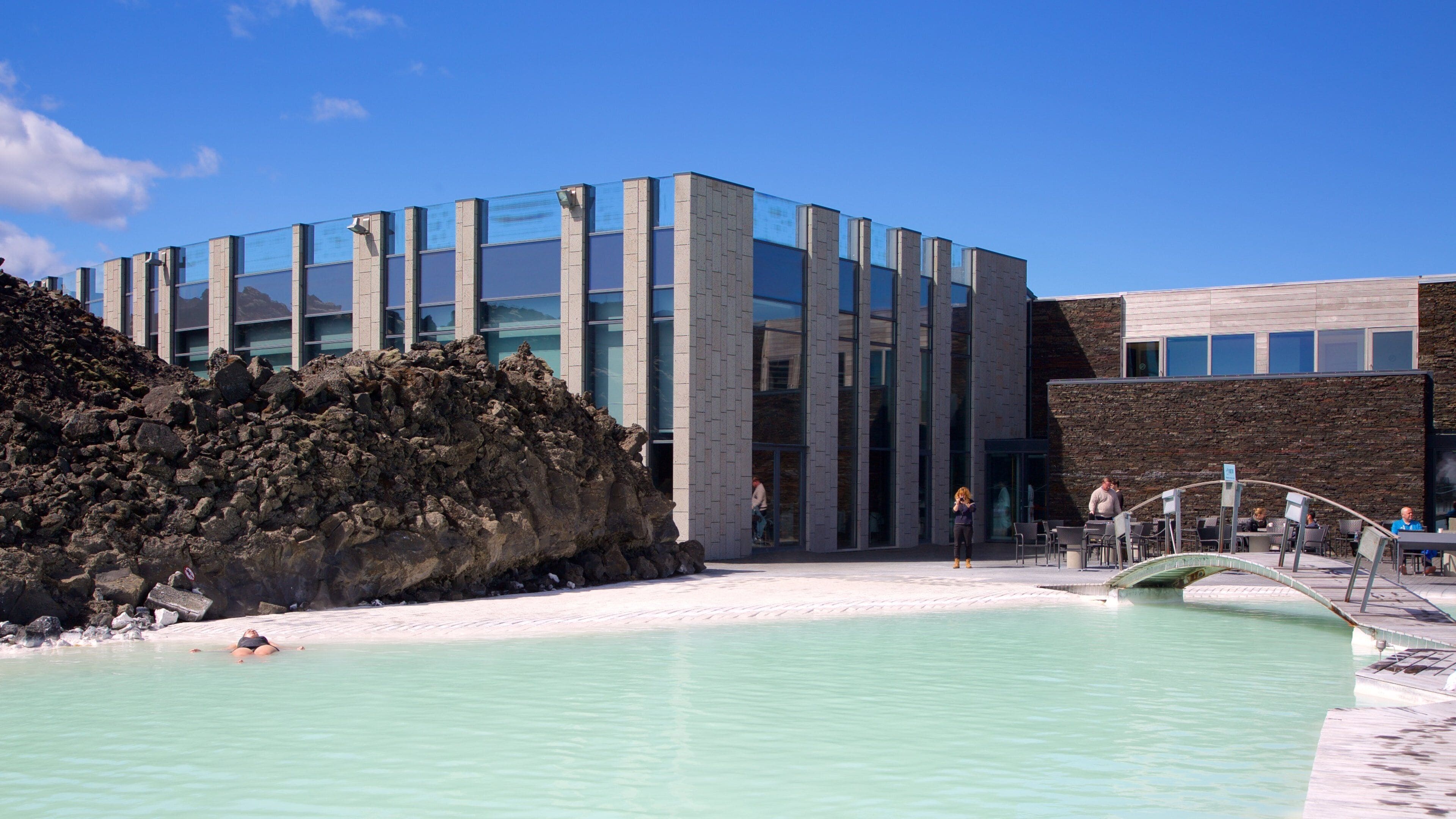 Blue Lagoon which includes modern architecture and a hot spring