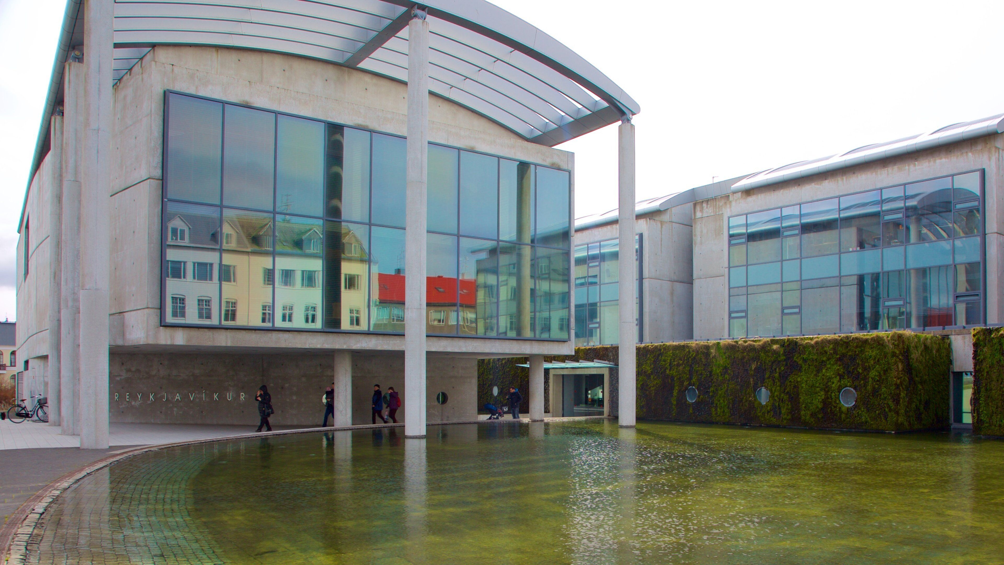 Reykjaviks Rådhus som viser gadeliv og en dam