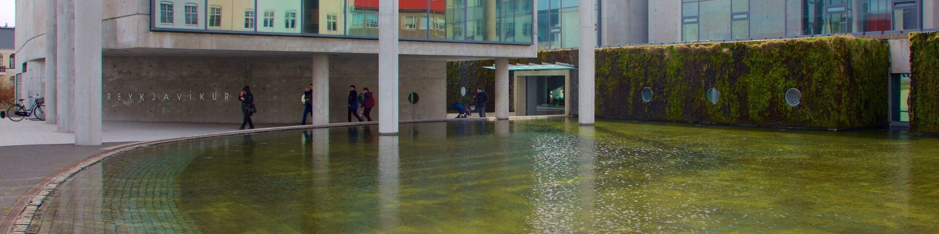 Reykjavik City Hall which includes street scenes and a pond