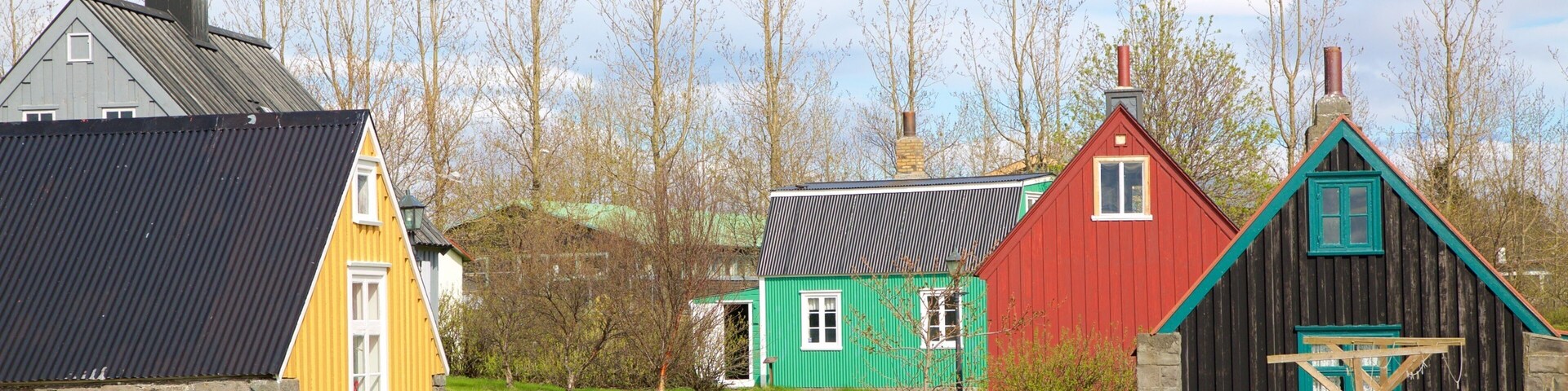 Árbær Open Air Museum showing street scenes, a house and farmland