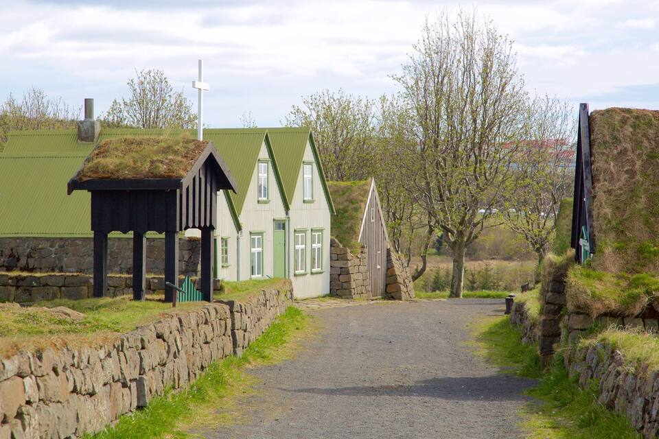 A rural pathway leading to traditional buildings with green roofs and a stone wall.