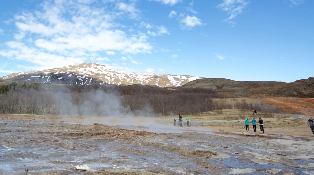 Geysir fasiliteter samt tåke og rolig landskap