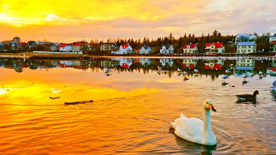 View of the Tjornin Lake in Reykjavik at sunset in winter., Shutterstock ID 1222302634, Purchase Order: -