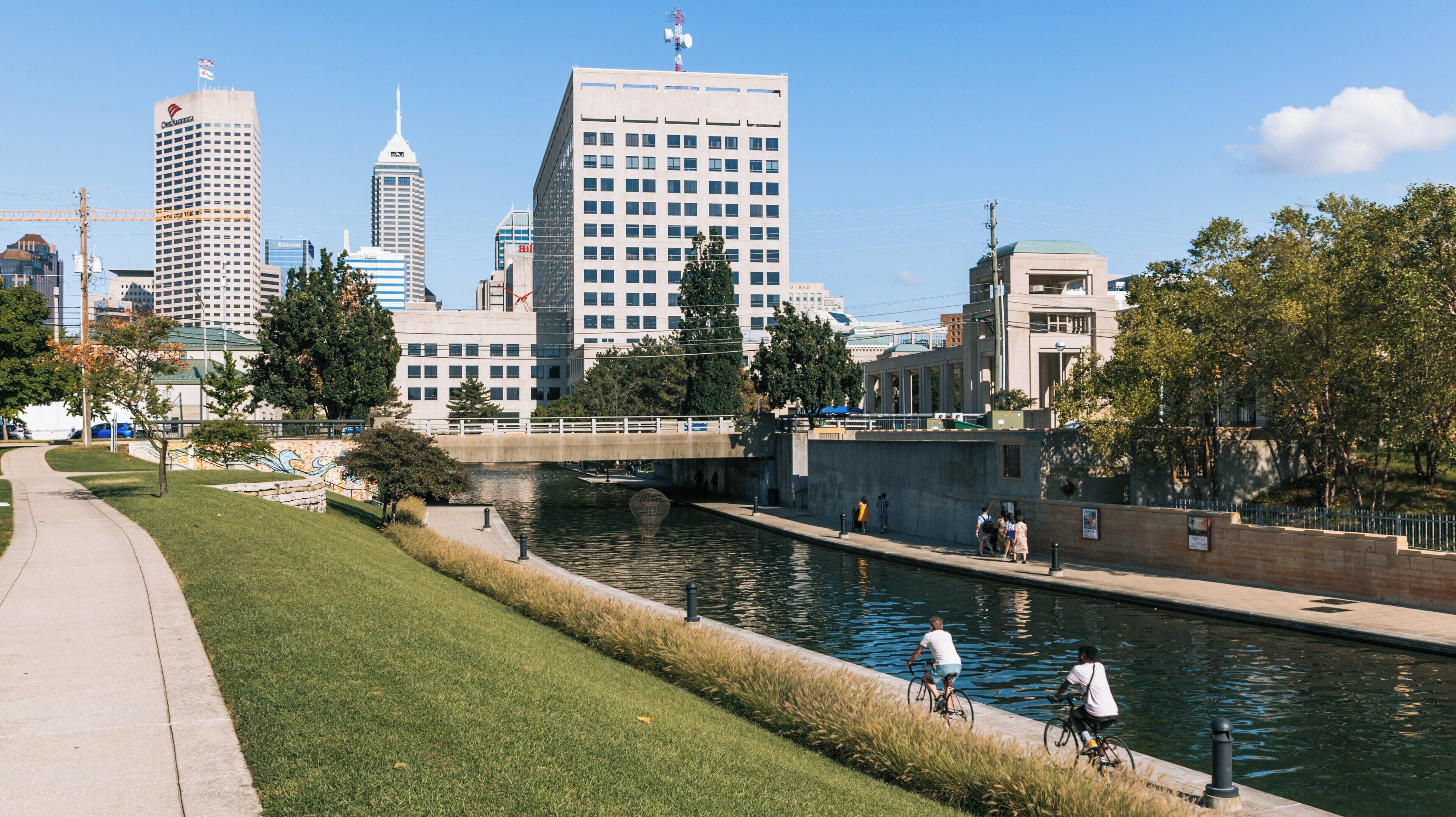 Scenic view of White River State Park in Downtown Indianapolis showcasing urban nature and recreational activities