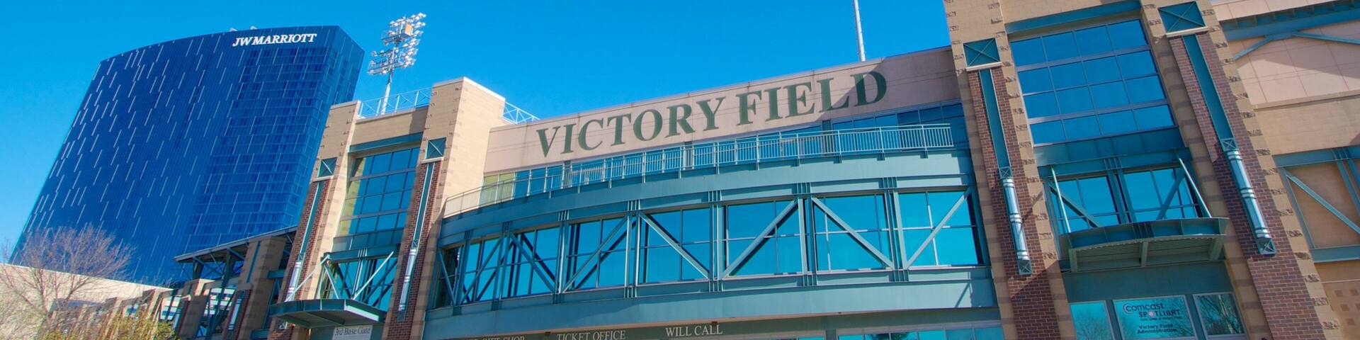 Victory Field stadium with a Marriott hotel nearby.