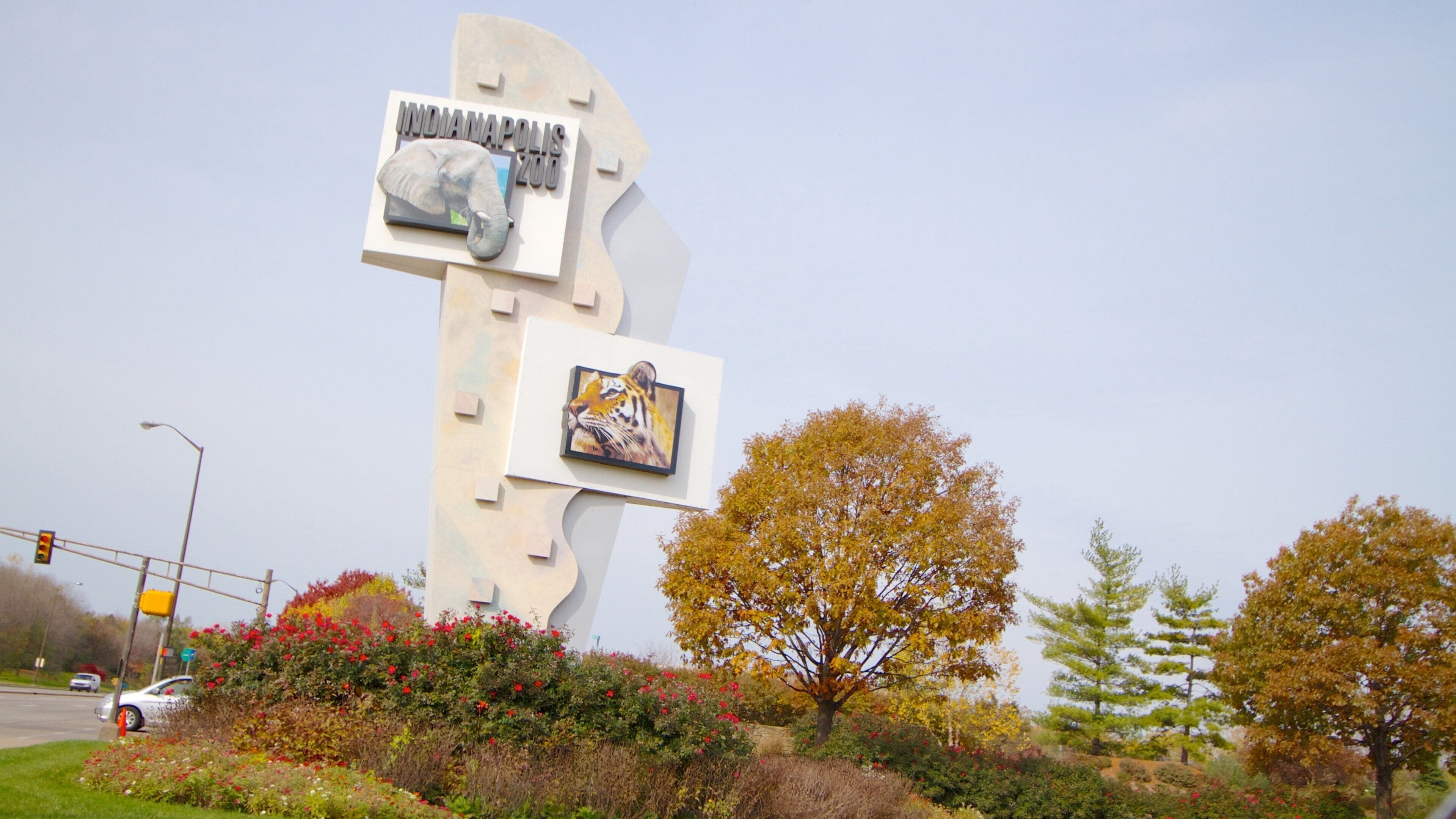 Indianapolis Zoo mostrando folhas de outono, animais de zoológico e sinalização