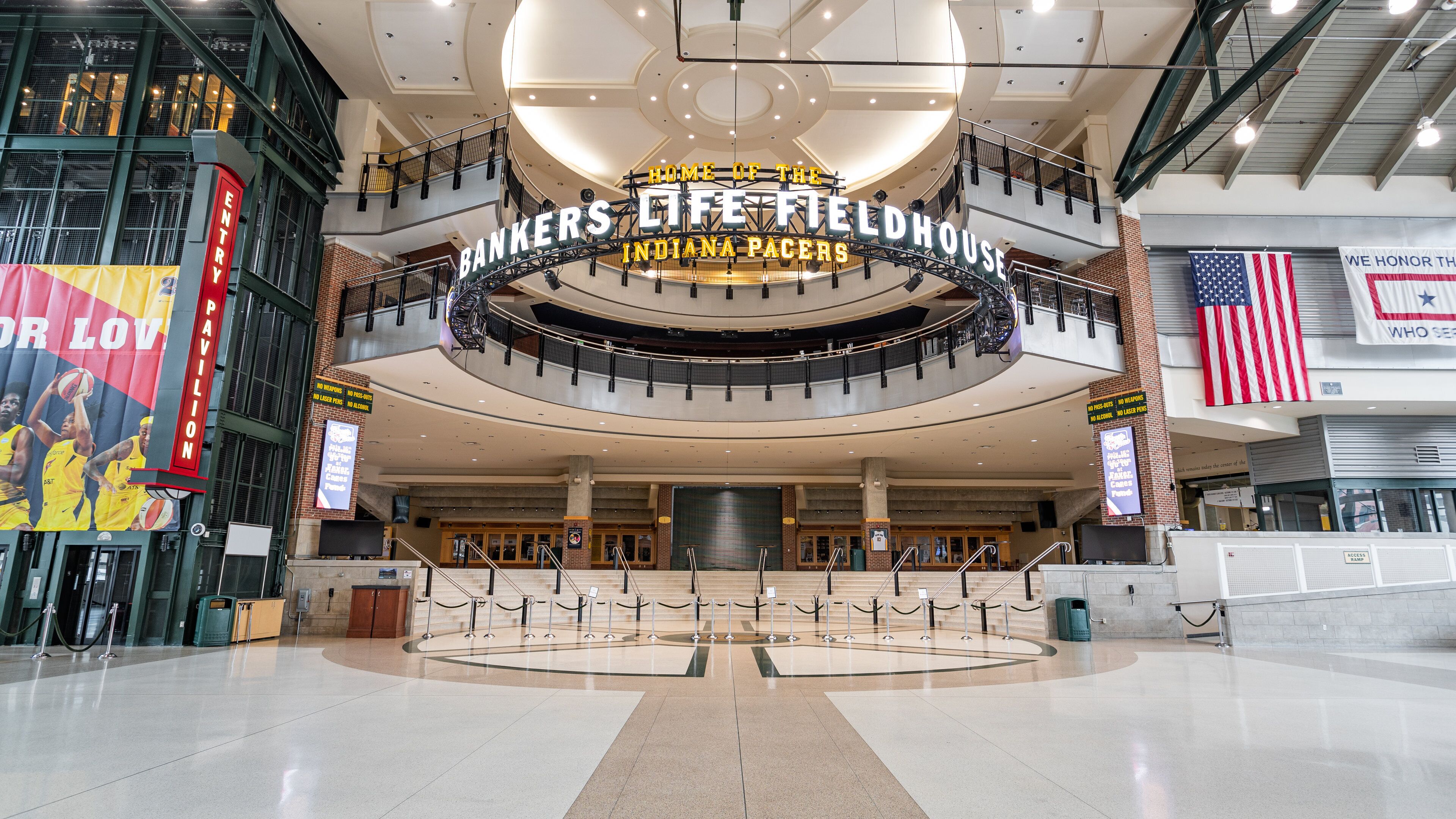 Bankers Life Fieldhouse which includes signage and interior views