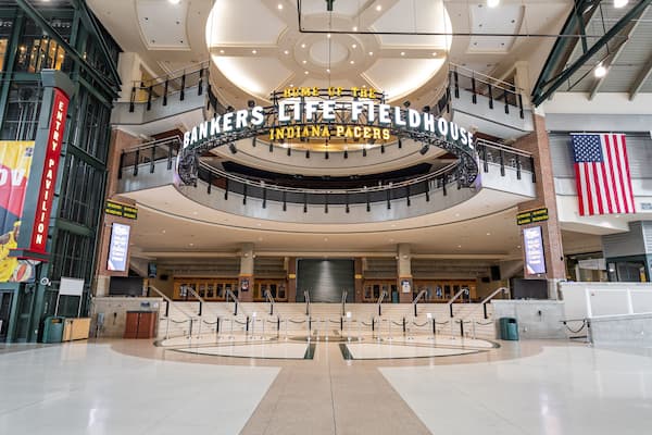 Bankers Life Fieldhouse which includes signage and interior views