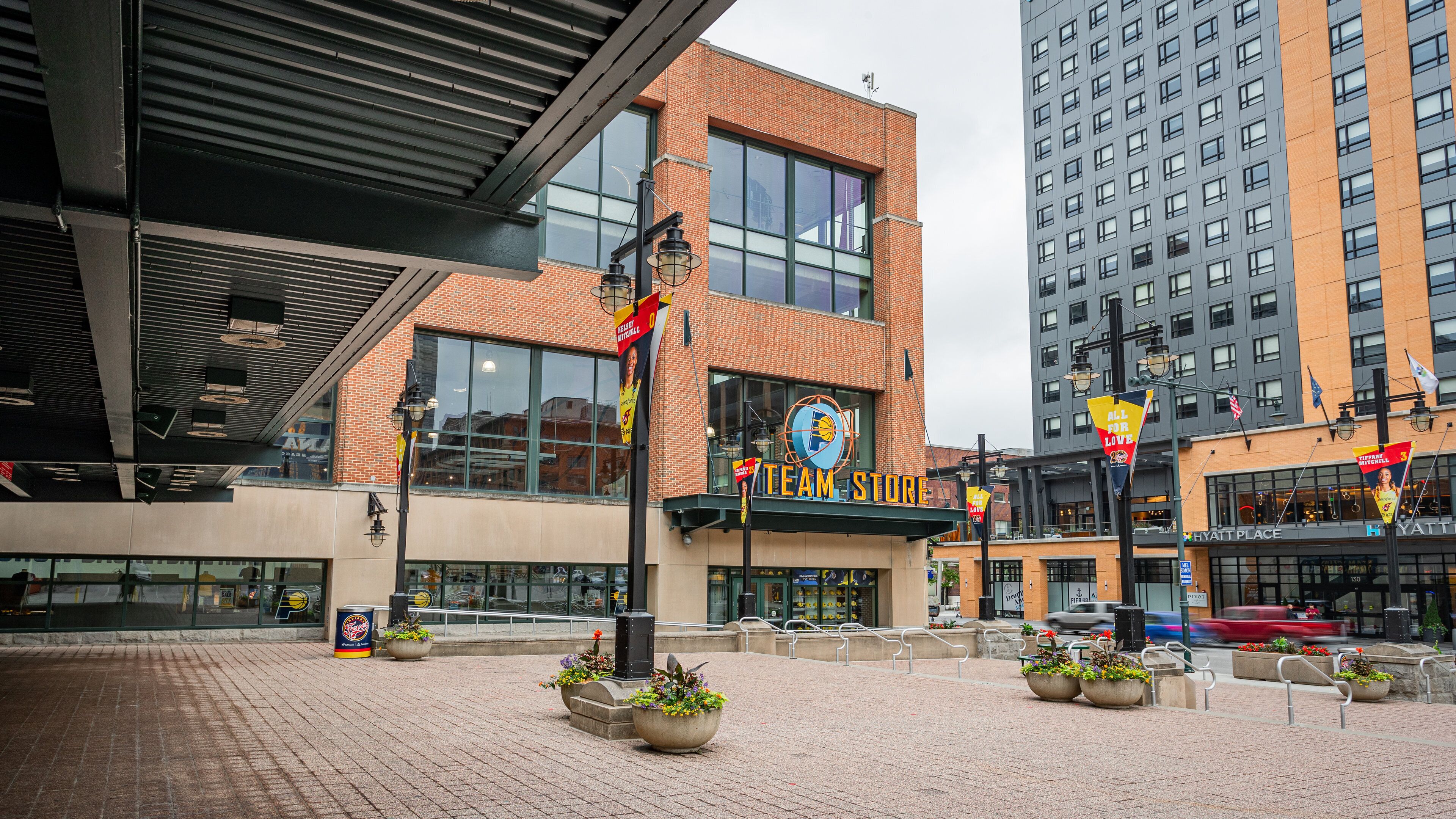 Bankers Life Fieldhouse showing a city and signage