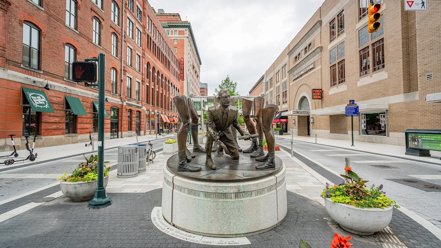 Gainbridge Fieldhouse featuring outdoor art and a statue or sculpture