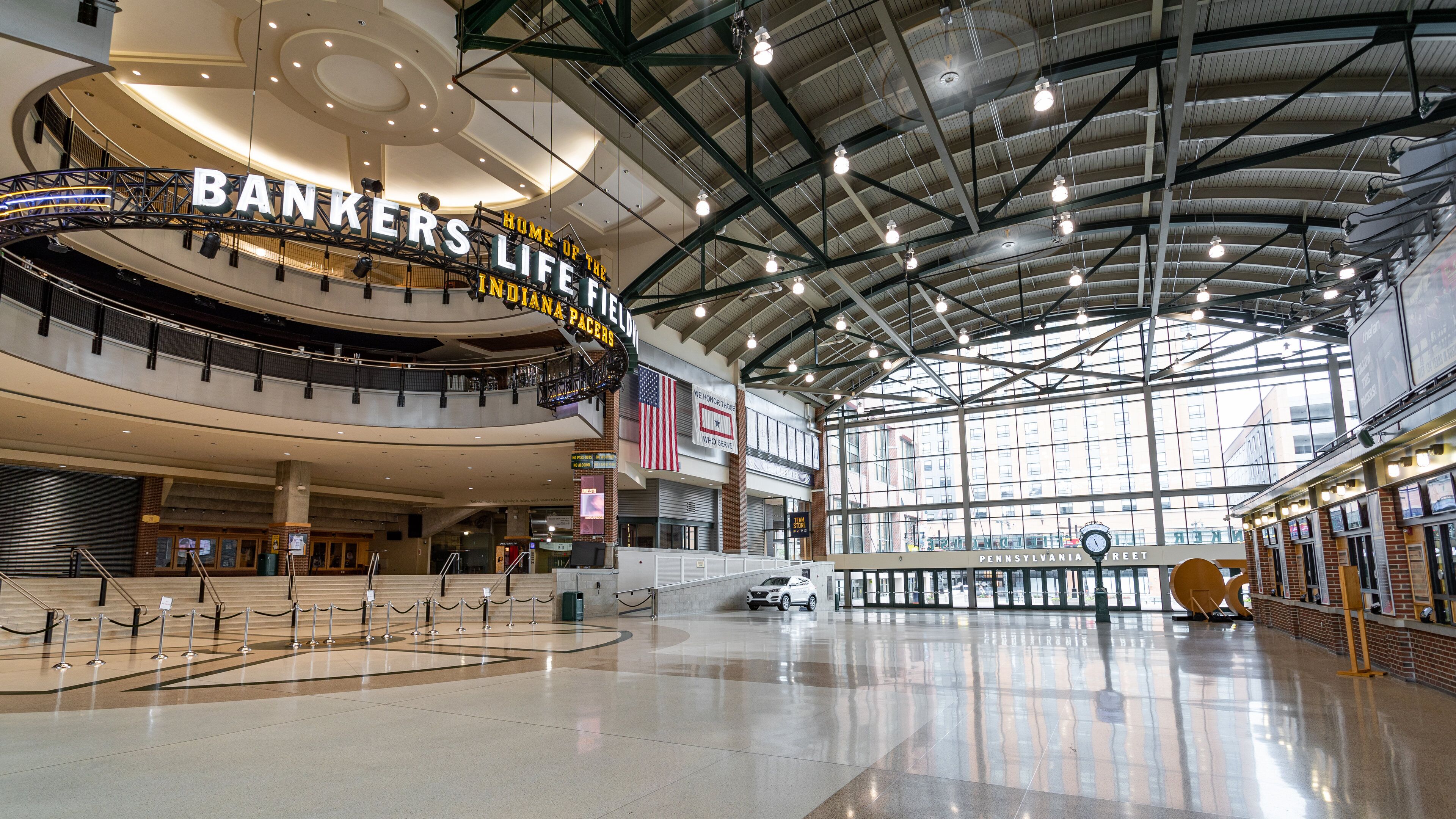 Bankers Life Fieldhouse showing interior views and signage