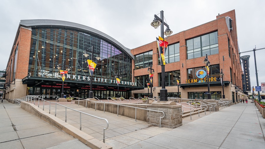 Bankers Life Fieldhouse which includes signage