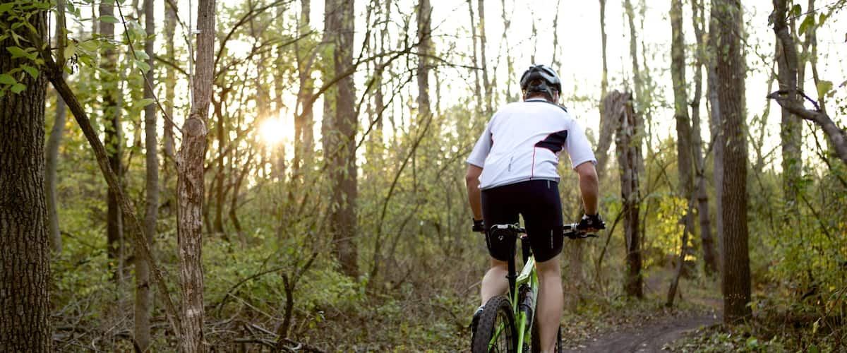 Fort Harrison State Park which includes forest scenes and cycling as well as an individual male