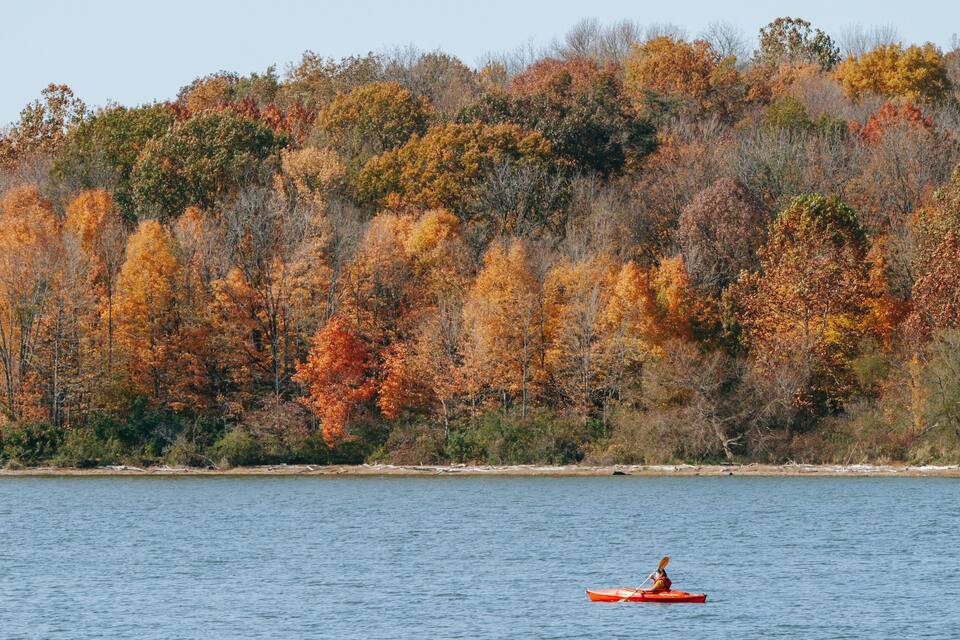 A kayaker in a red kayak on a calm lake with a backdrop of autumn-colored trees.