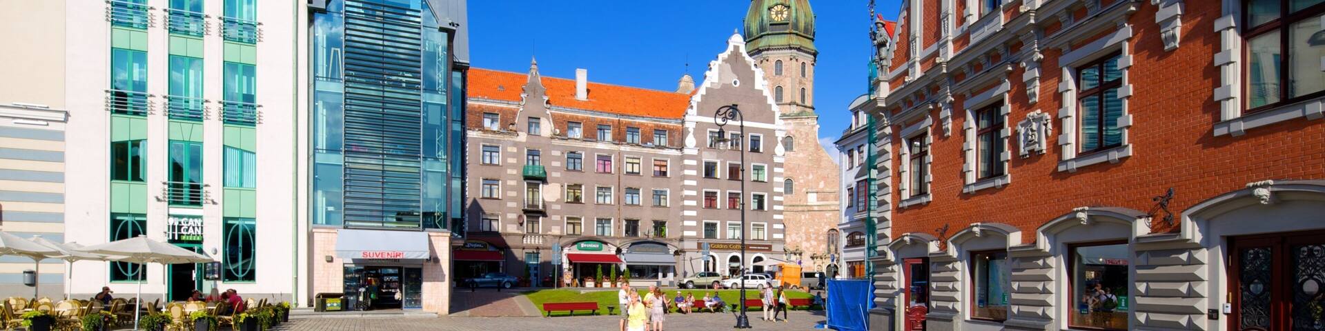 House of the Blackheads featuring a square or plaza and street scenes