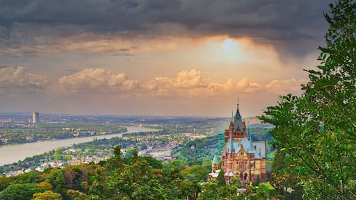 Beautiful cityscape with the castle of Drachenburg on a sunset sky background in Germany