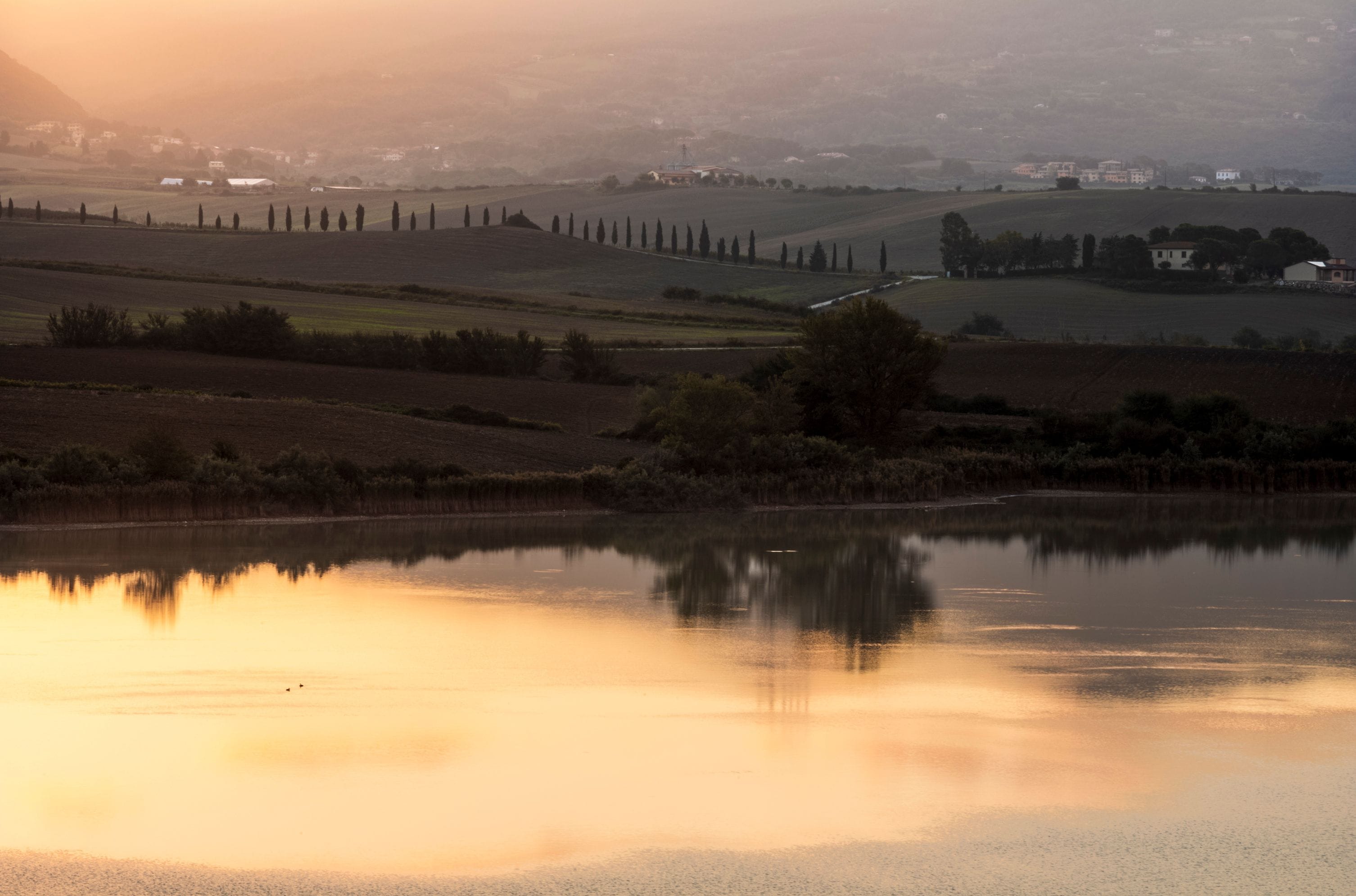 A serene lake reflecting the landscape, surrounded by rolling hills and scattered trees.