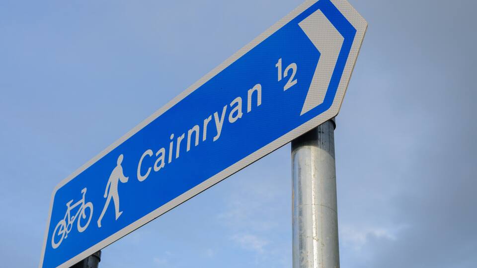 A blue directional sign with white symbols and text, mounted on a metal pole.
