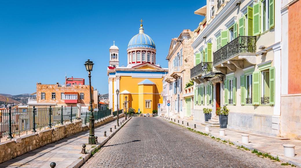 Street with colorful buildings in town center of Ermoupoli, Syros, Greece.