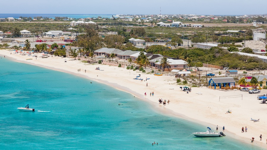 Aerial view of the beach at the cruise center of Grand Turk in the Caribbean with a view over Cockburn Town..