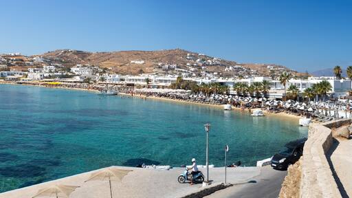 Panoramic view of Platis Gialos beach on the island of Mykonos in Greece