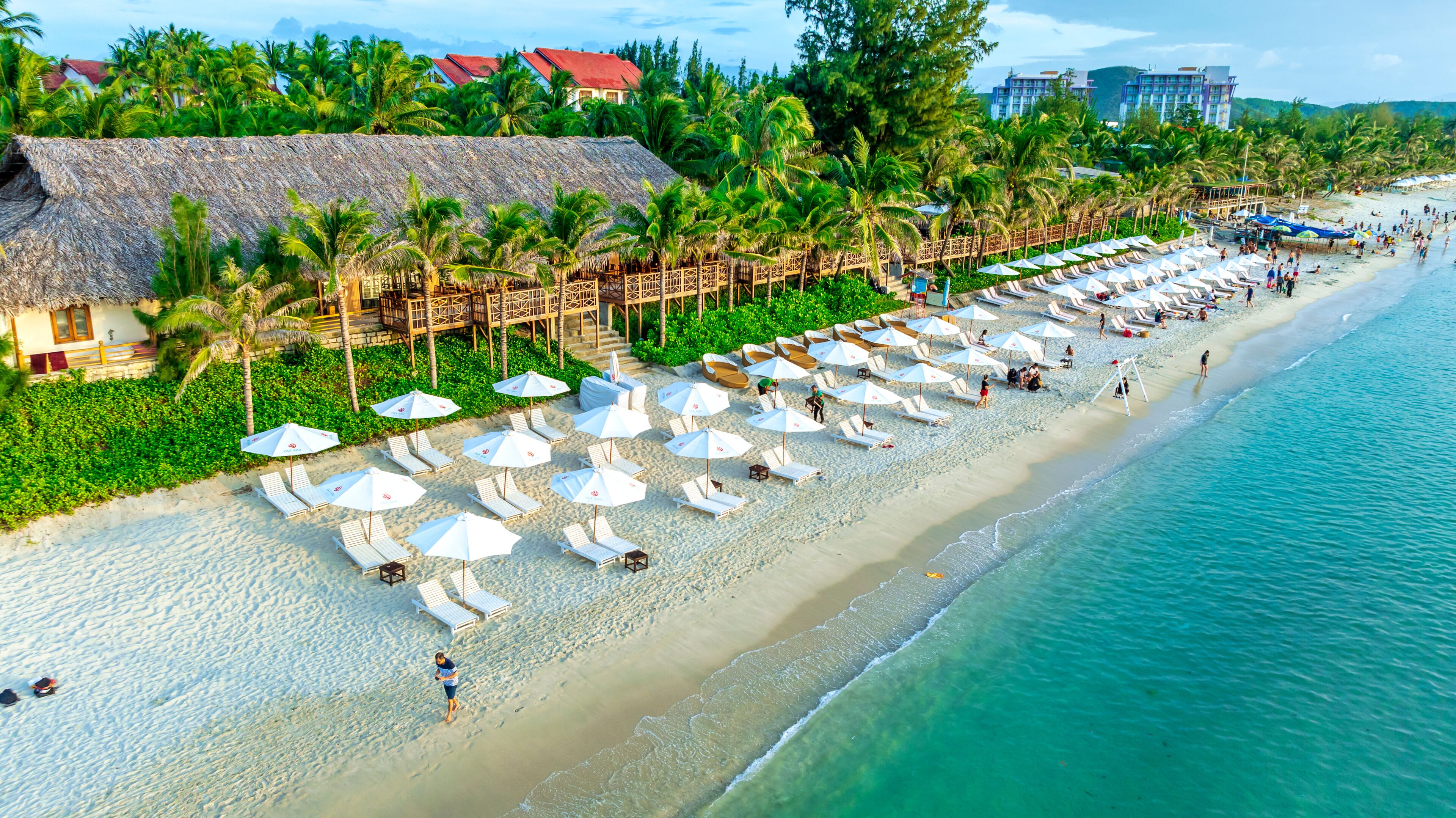 Aerial view of tropical Doc Let beach with turquoise waters and white sand in Vietnam