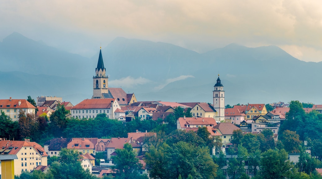 A town with historic buildings, a prominent church tower, and mountains in the background.