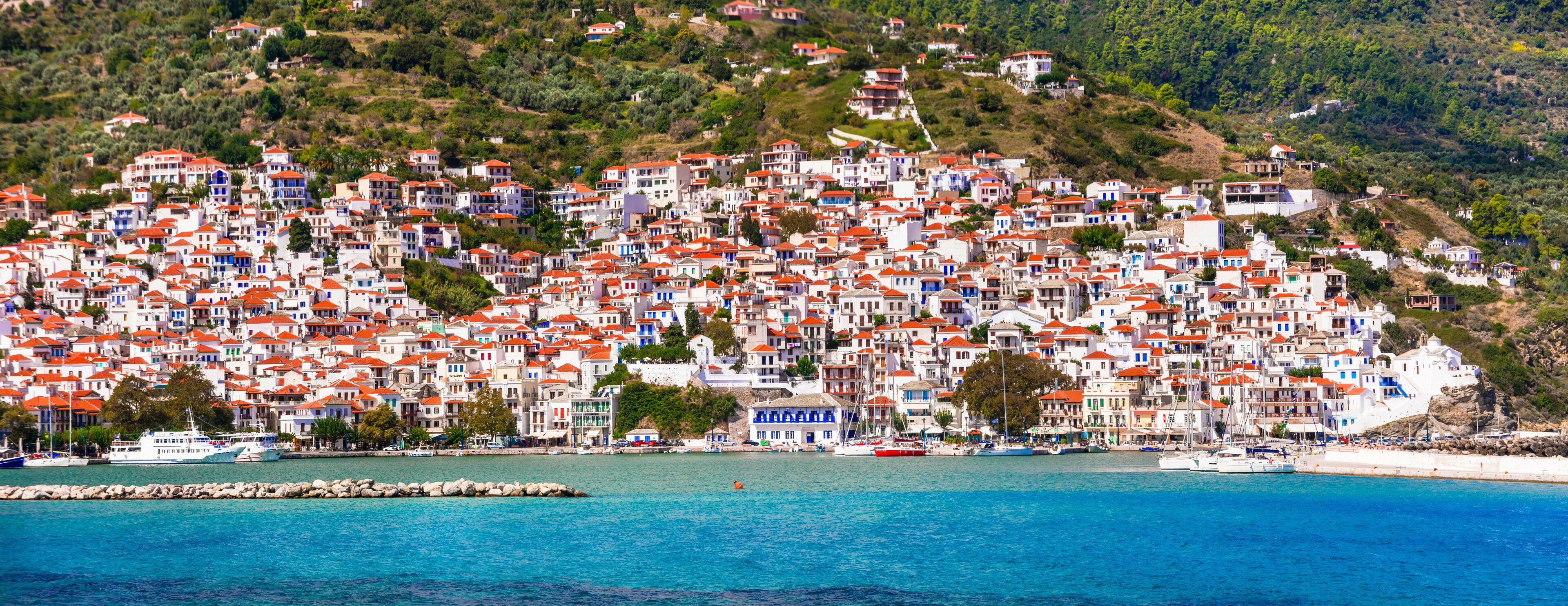  Northen Sporades, Greece. Beautiful greek island Skopelos. view of town and port.