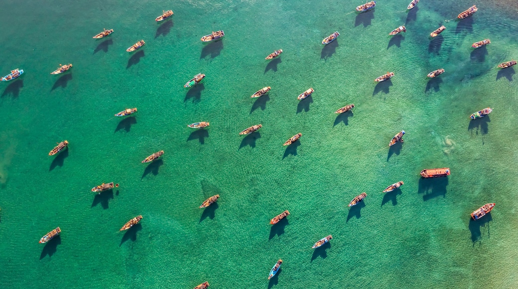 Aerial view of Tam Tien beach and fish market, Tam Ky, Quang Nam, Vietnam. Near Hoi An ancient town
