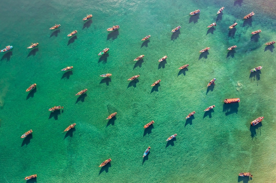Aerial view of Tam Tien beach and fish market, Tam Ky, Quang Nam, Vietnam. Near Hoi An ancient town