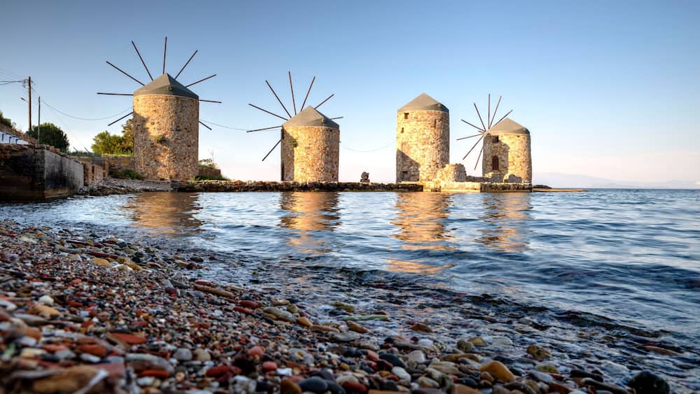 Famous windmills of Chios island a little before the sunset, Greece