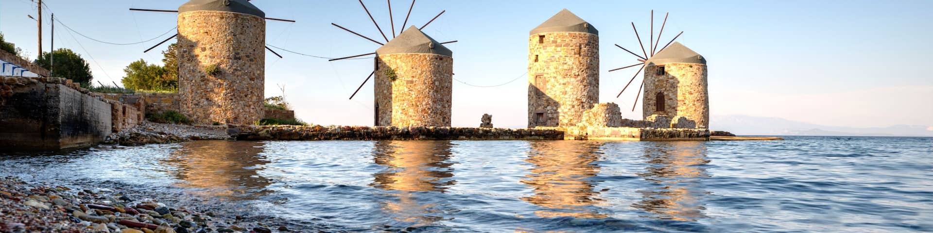 Famous windmills of Chios island a little before the sunset, Greece